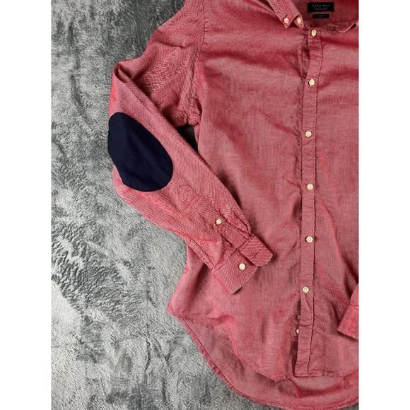 Zara Man Slim Fit Red Button Down Shirt Navy Elbow Patches Size L  * - Picture 8 of 9